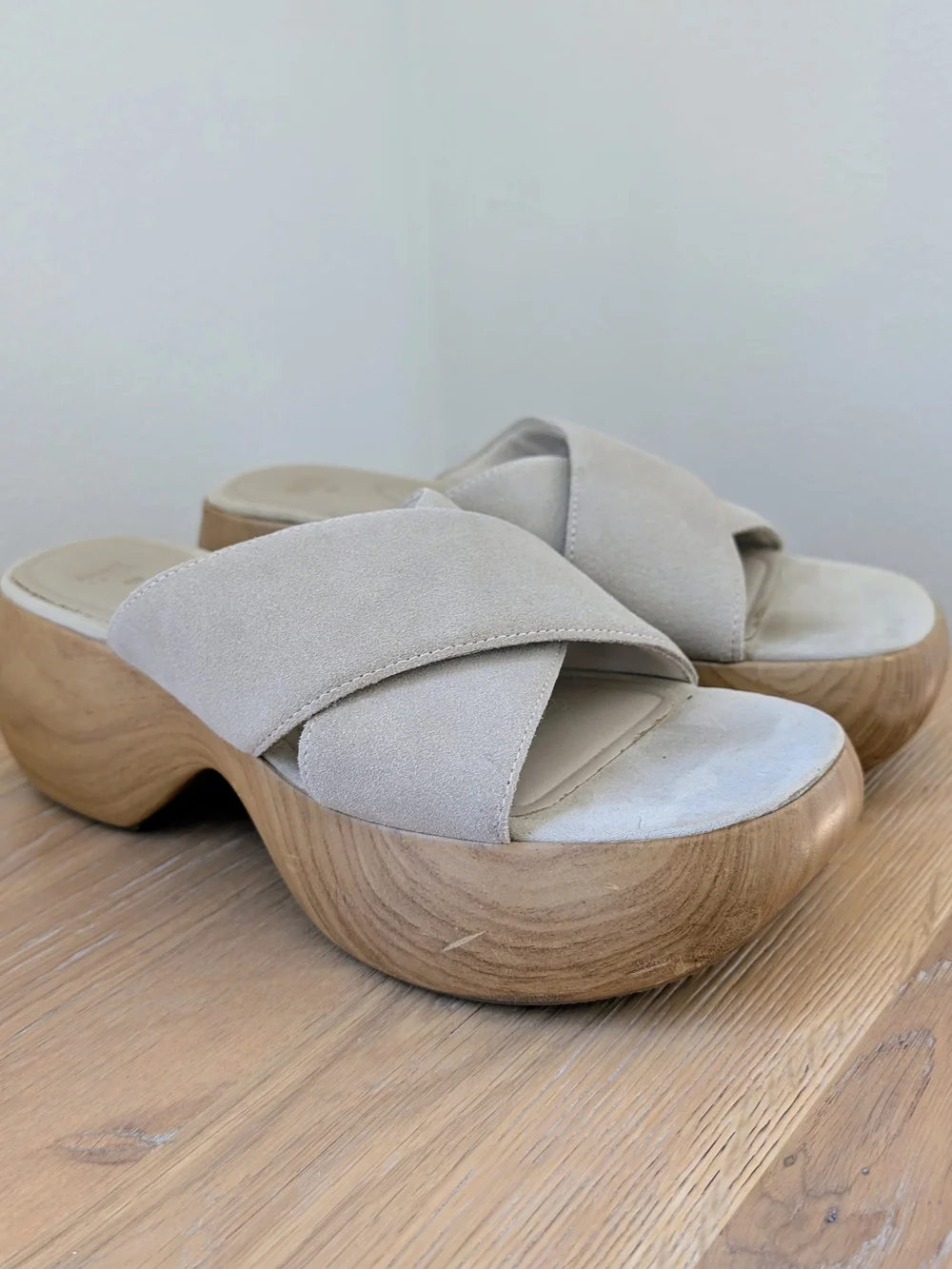 Zara Neutral Suede Slide Chunky Wood Heel Sandals In Beige - 8.5 - Picture 3 of 10